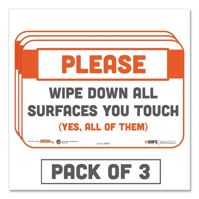 BeSafe Messaging Repositionable Wall/Door Signs, 9 x 6, Please Wipe Down All Surfaces You Touch, White, 3/Pack