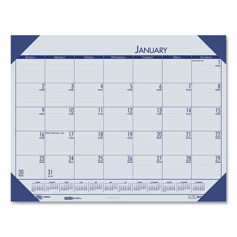 EcoTones Recycled Monthly Desk Pad Calendar, 22 x 17, Ocean Blue Sheets/Corners, Black Binding, 12-Month (Jan-Dec): 2025