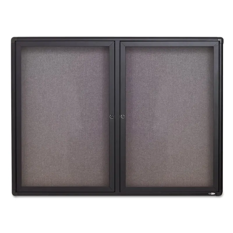 Enclosed Indoor Fabric Bulletin Board with Two Hinged Doors, 48 x 36, Gray Surface, Graphite Aluminum Frame