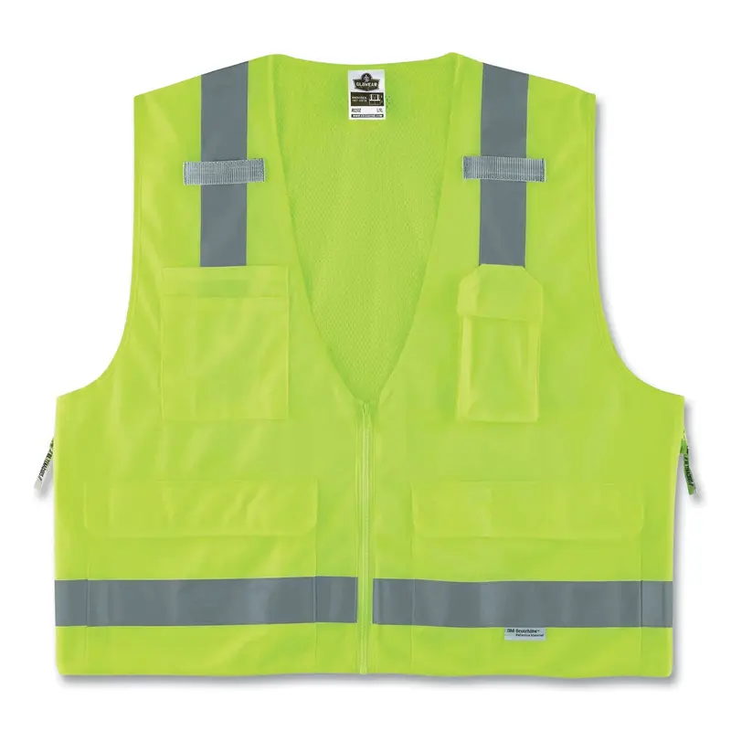 GloWear 8250Z Class 2 Surveyors Zipper Vest, Polyester, 2X-Large/3X-Large, Lime