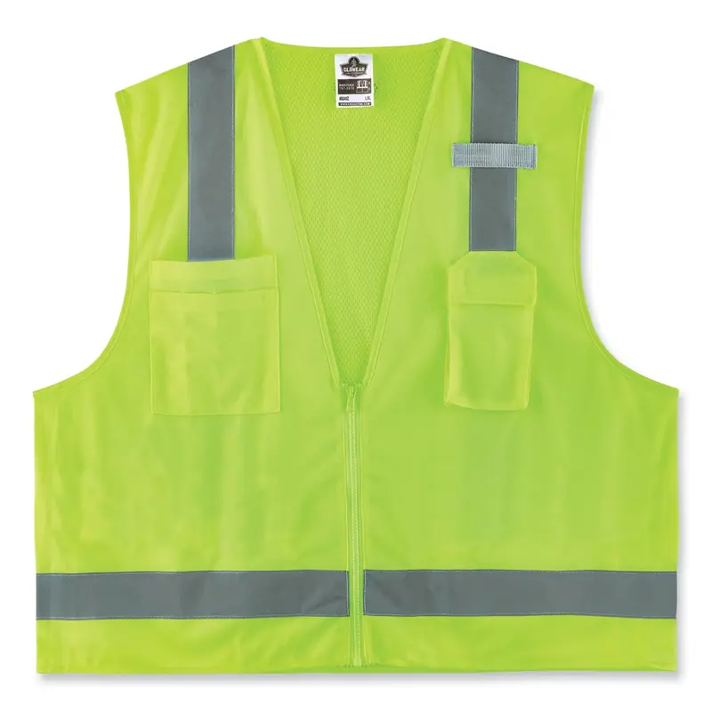 GloWear 8249Z-S Single Size Class 2 Economy Surveyors Zipper Vest, Polyester, Large, Lime