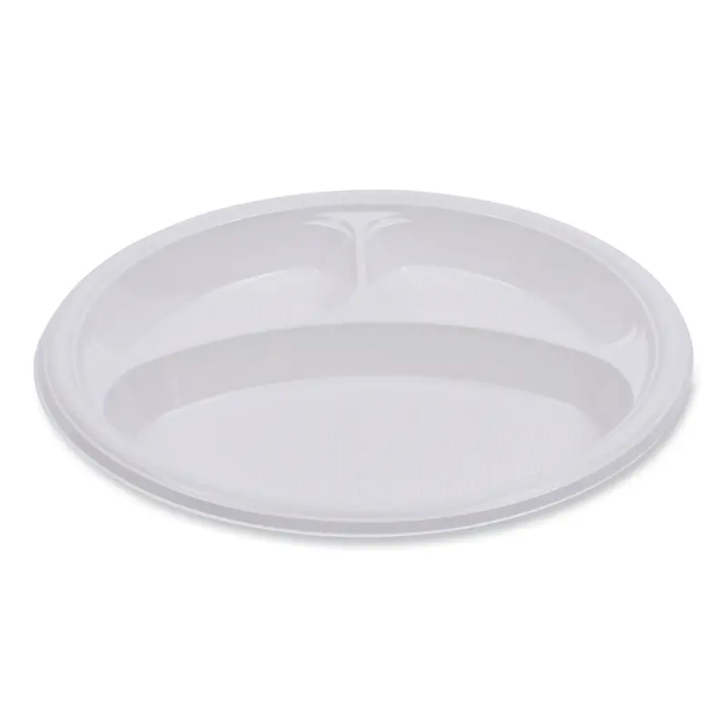 Hi-Impact Plastic Dinnerware, Plate, 3-Compartment, 10" dia, White, 500/Carton