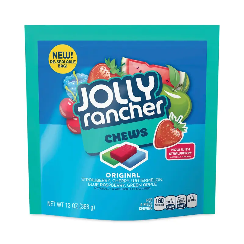 Jolly Rancher Chews Candy, Assorted Flavors, 13 oz Pouches, 4/Carton
