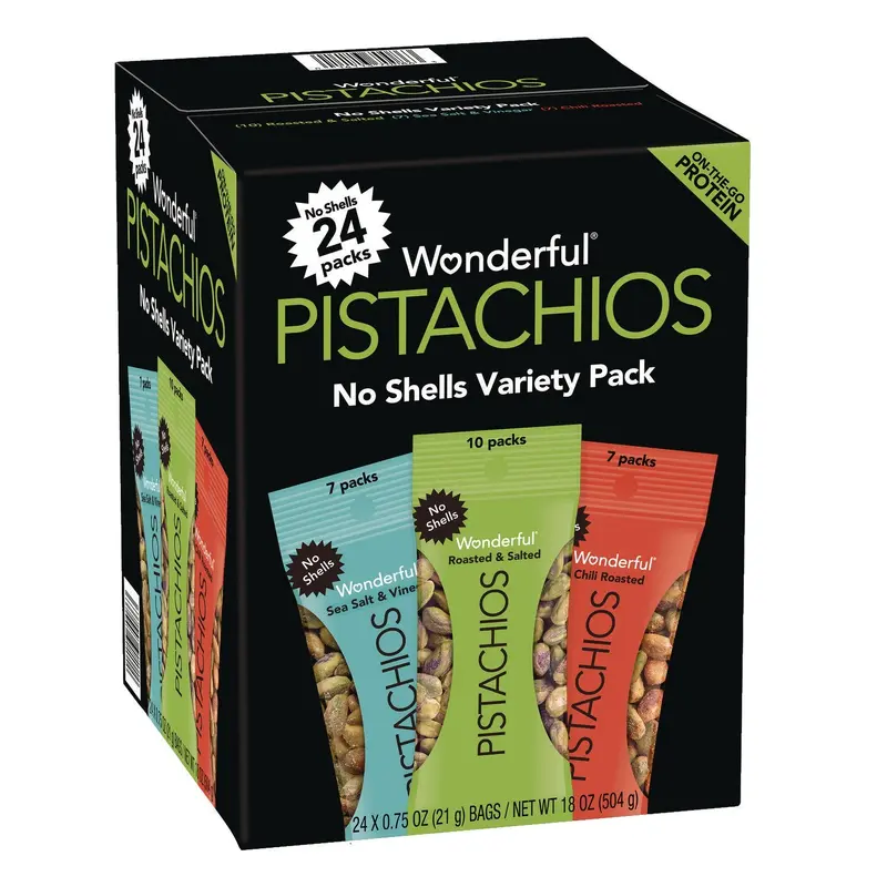 No Shells Roasted and Salted Pistachios Variety Pack, Assorted Flavors, 0.75 oz Bag, 24/Carton