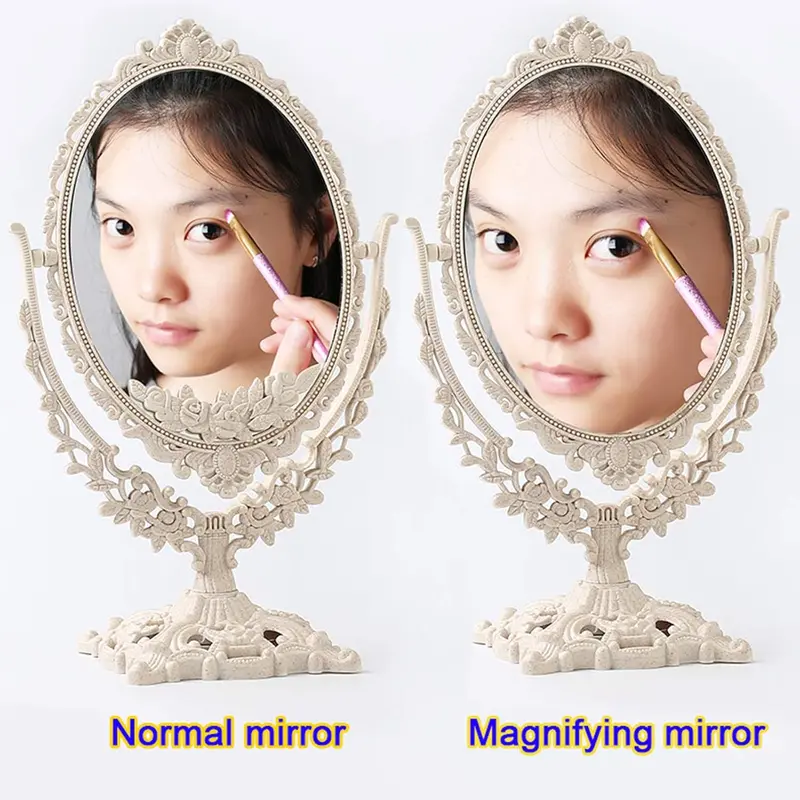 (NET) Vintage Double Sided Vanity Mirror with 1x Magnification, Removable Oval Mirror and 360 Rotation