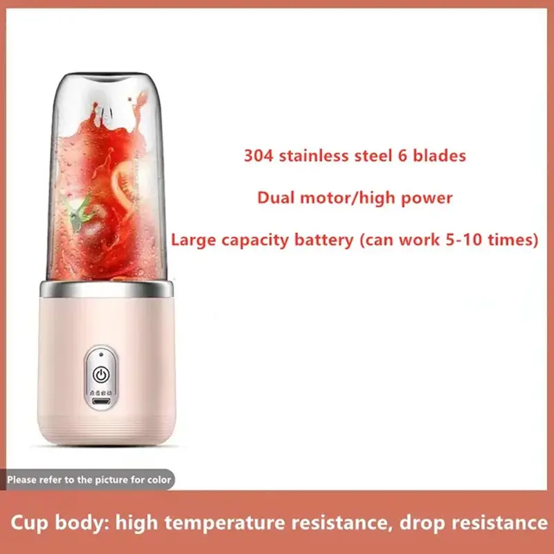 Portable Juicer Juicer Cup USB Cordless Blender Portable Blender Juicer 6 Blades Smoothie Ice Maker 310MLPink