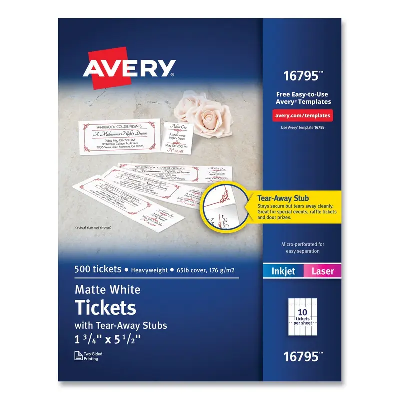 Printable Tickets with Tear-Away Stubs, 97 Bright, 65 lb Cover Weight, 8.5 x 11, White, 10 Tickets/Sheet, 50 Sheets/Pack