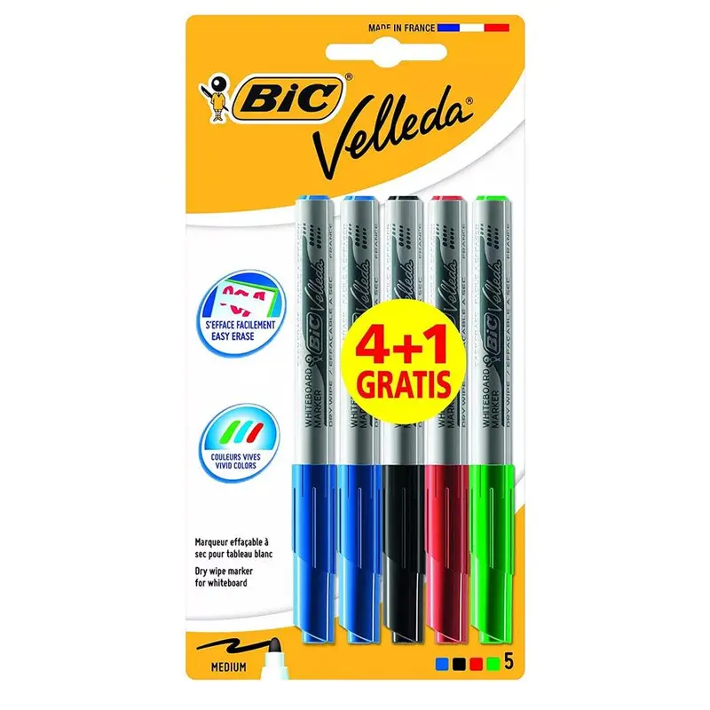 (NET) Bic Velleda 1741 Whiteboard Markers (Value Pack of 4, Plus 1 Free) Assorted Colors