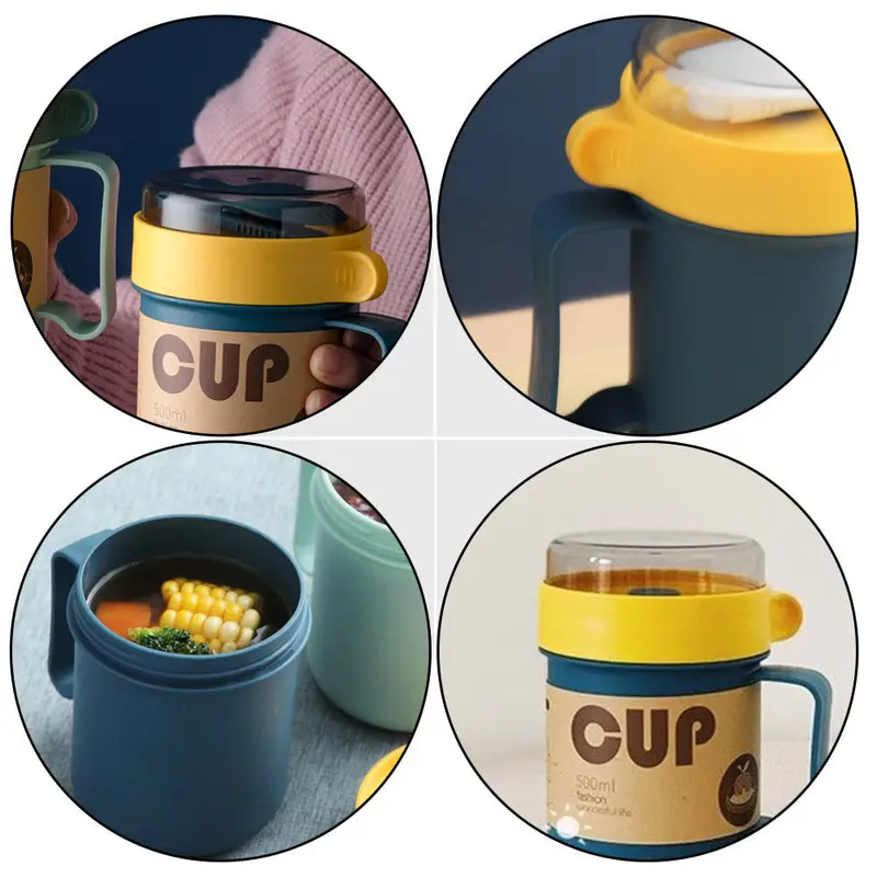 (net) Breakfast Stainless Steel Cup Soup Container Yogurt Mug Snack Cup Microwave with Lid Spoon MugBlue