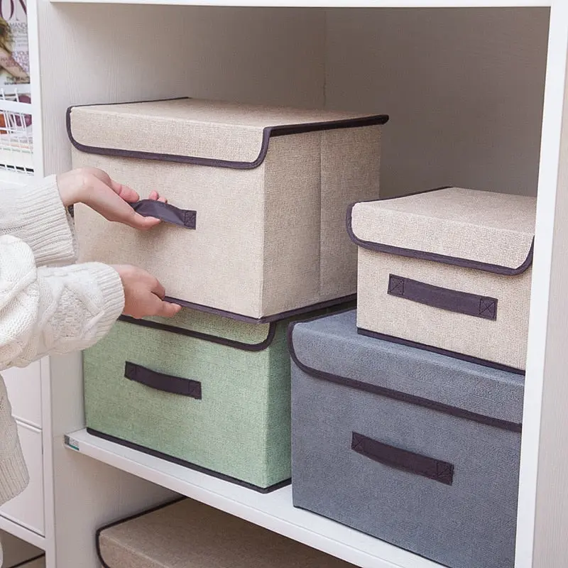 (NET) Cotton Linen Large Storage Box With Cap Clothes Socks Toys Organizer / 802122 / KC22-242-1 / KC22-242-2Grey
