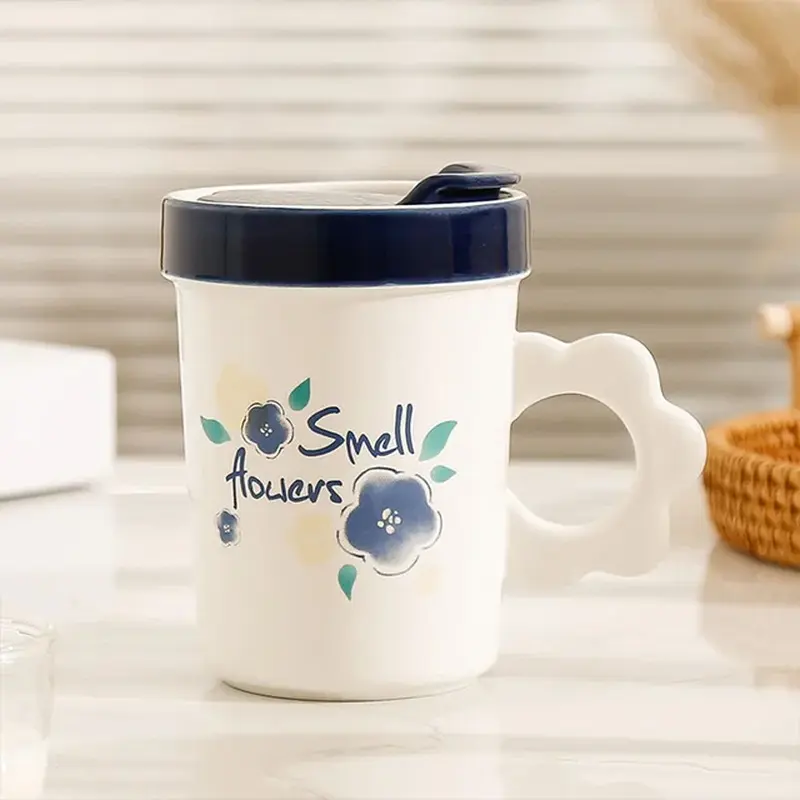 (Net) Ceramic Coffee Mug with Lid and Flower Shaped Handle - 16oz / 886320Navy