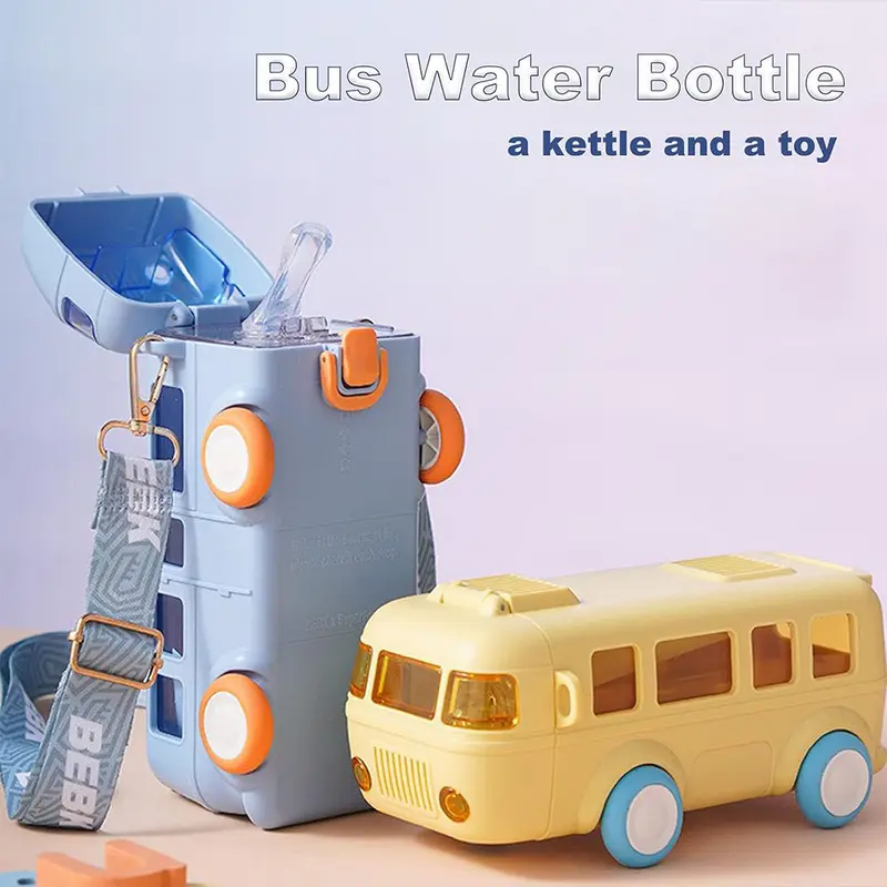 (NET) Cute Bus Water Bottle with Shoulder Strap 550 mlPink
