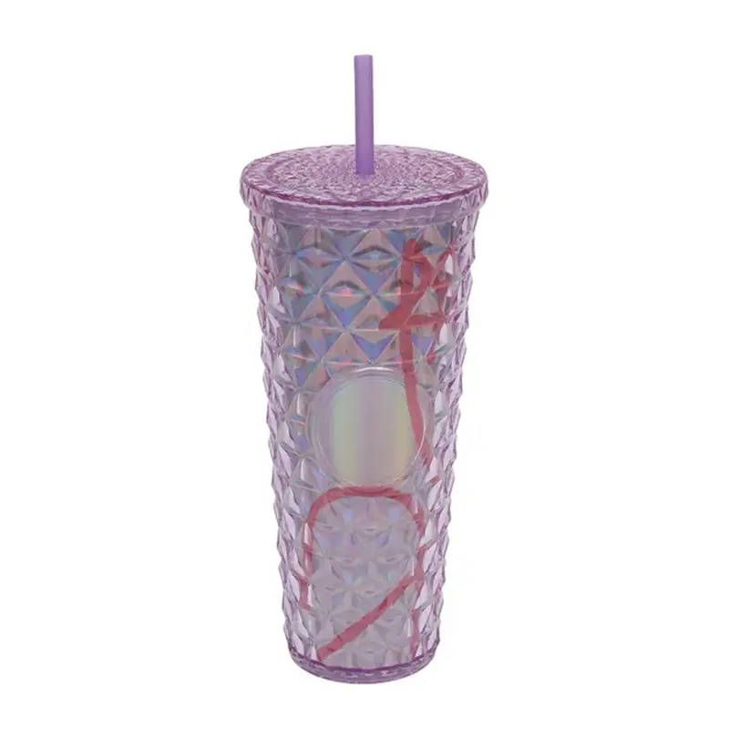 (NET) Plastic Double Wall Crystal Tumbler With Straw And Lid 750 MLPurple