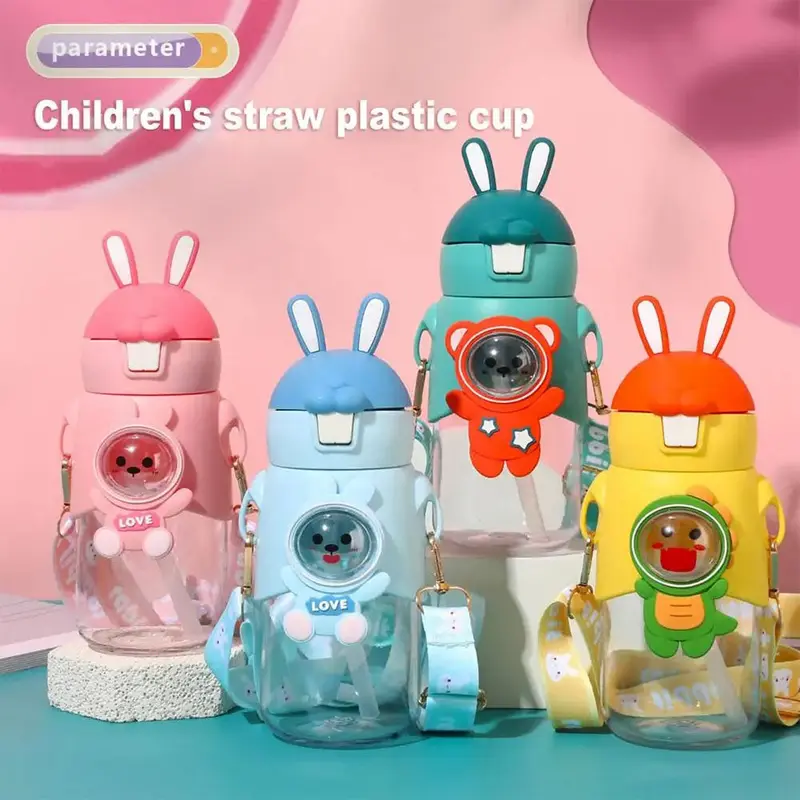 (NET) Water Bottle Adjustable Strap Detachable Straw Cartoon Shape Drinking 600 MLBlue
