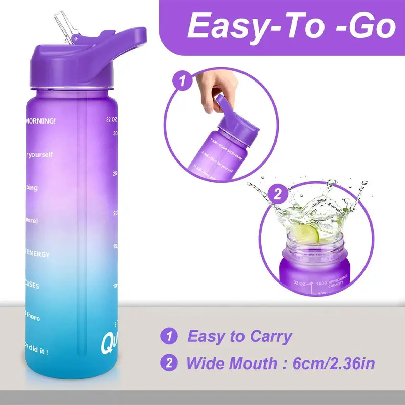 **(Net)** Water Bottle with Motivational Time Marker & Straw BPA Free Sport Gym Travel 750ml / 10257Pink