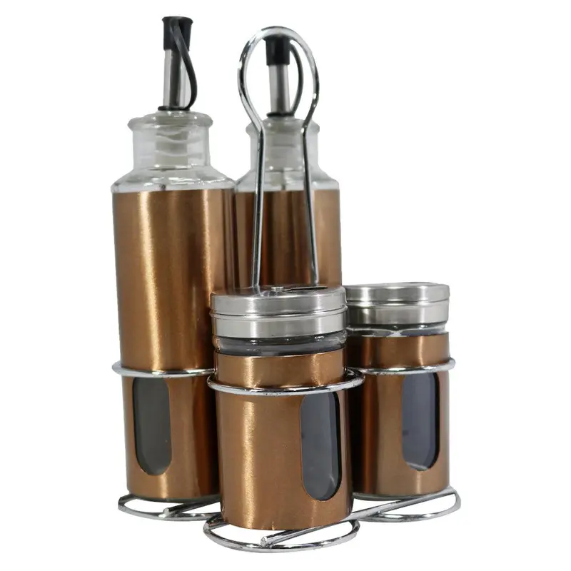 Canister Vinegar Oil Bottle and Salt Pepper shaker Set with Stainless Metal Stand HolderBronze