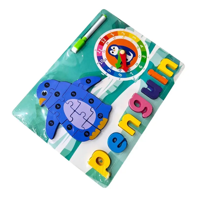 Creations Montessori Toy Preschool Alphabet Animal Puzzle With Clock & MarkerPenguin