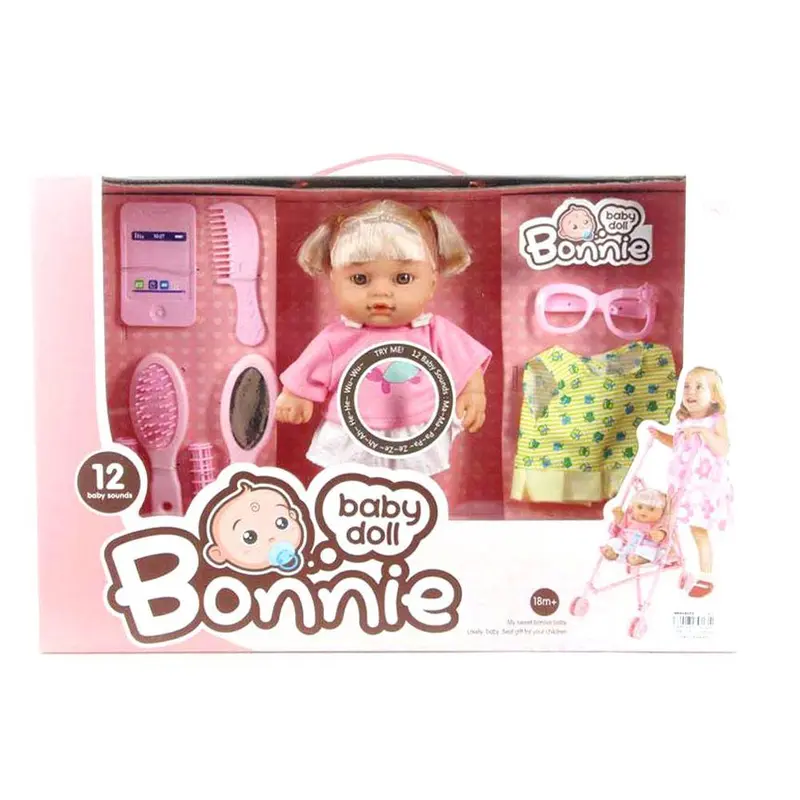 Doll with 12 IC sound with accessories and stroller 33 cmPink