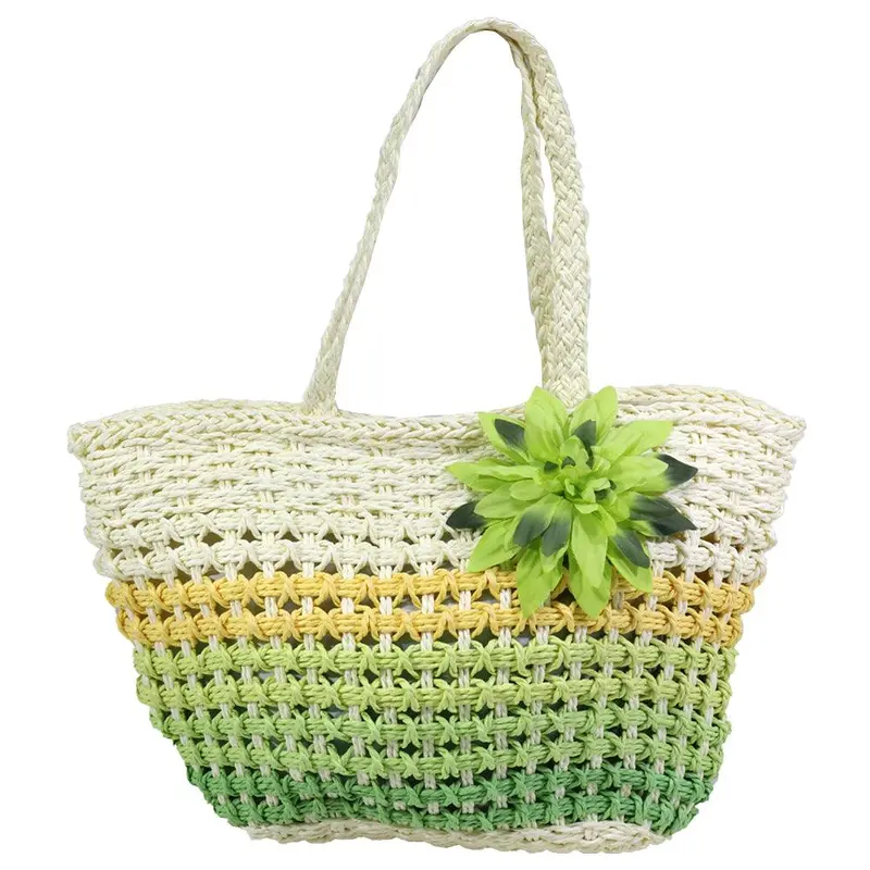 Flower Designed Straw Beach Bag / E-557Green