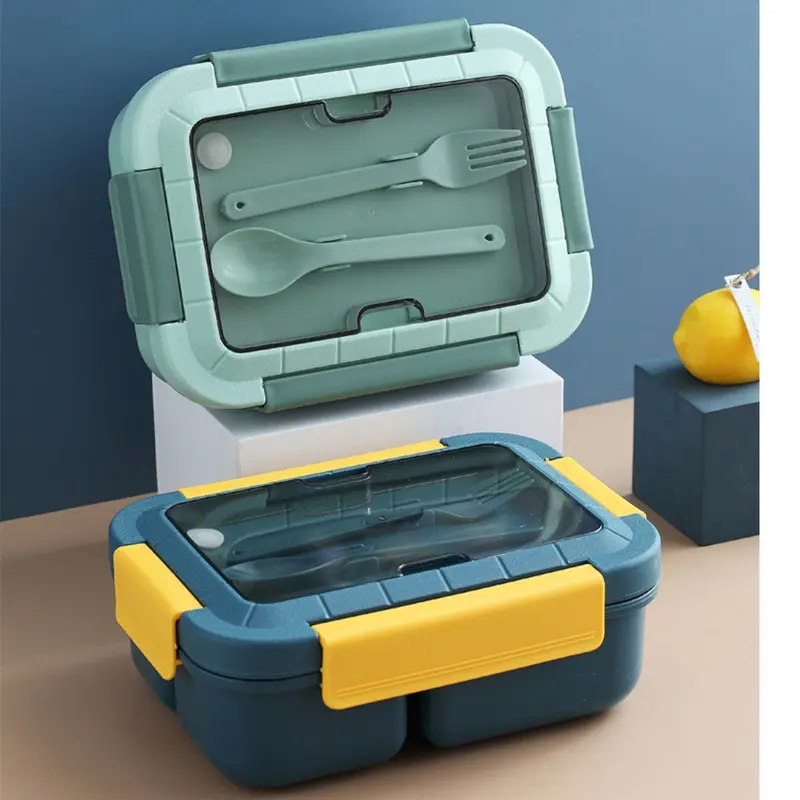 Lunch Box High Capacity 3 grid Picnic Food Fruit Container Storage Box with Tableware Bento Box 1200MLBlue