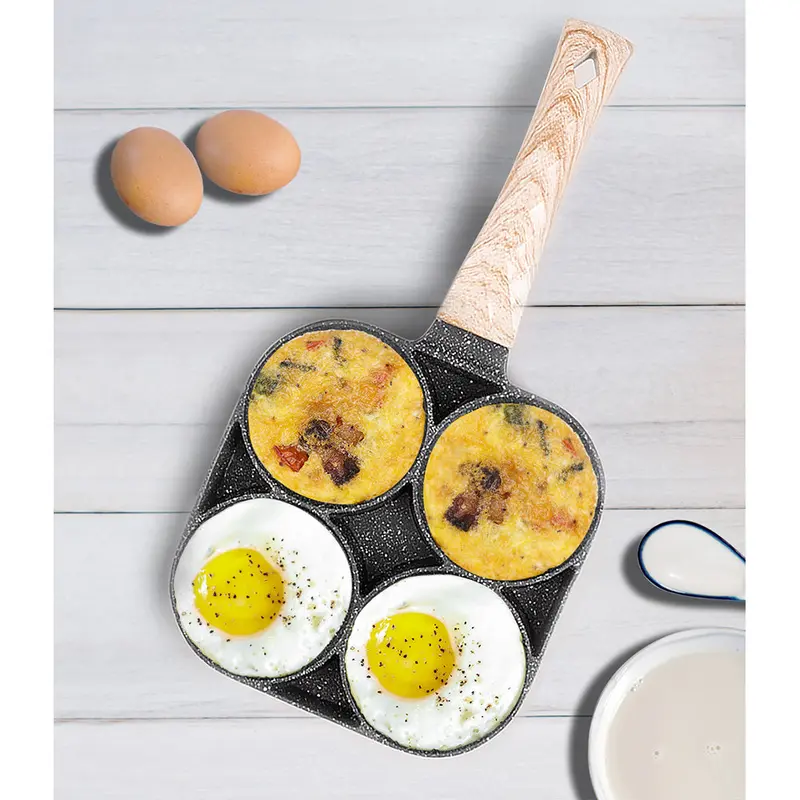 Non Stick 4 Hole Frying Pan -  With Wooden HandleGrey