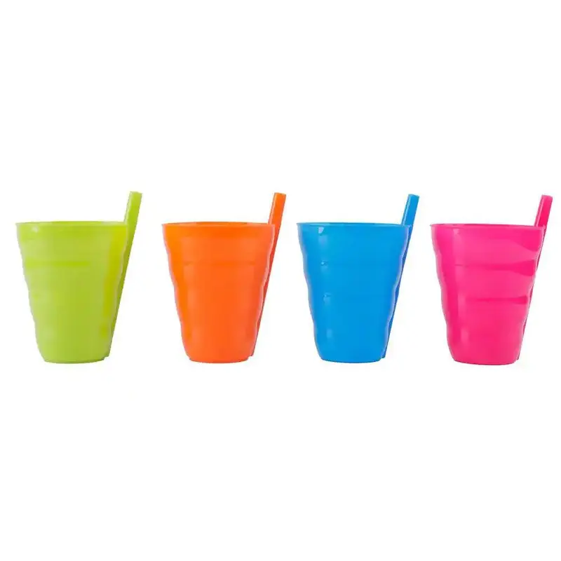 Set Of Colored Plastic Cups With Straws 4 Pcs