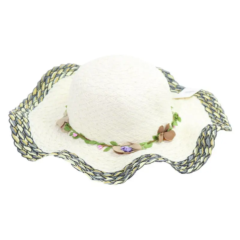 Straw Hat Flower Designed Wide Brim Women Hat/ E-260Grey& Yellow