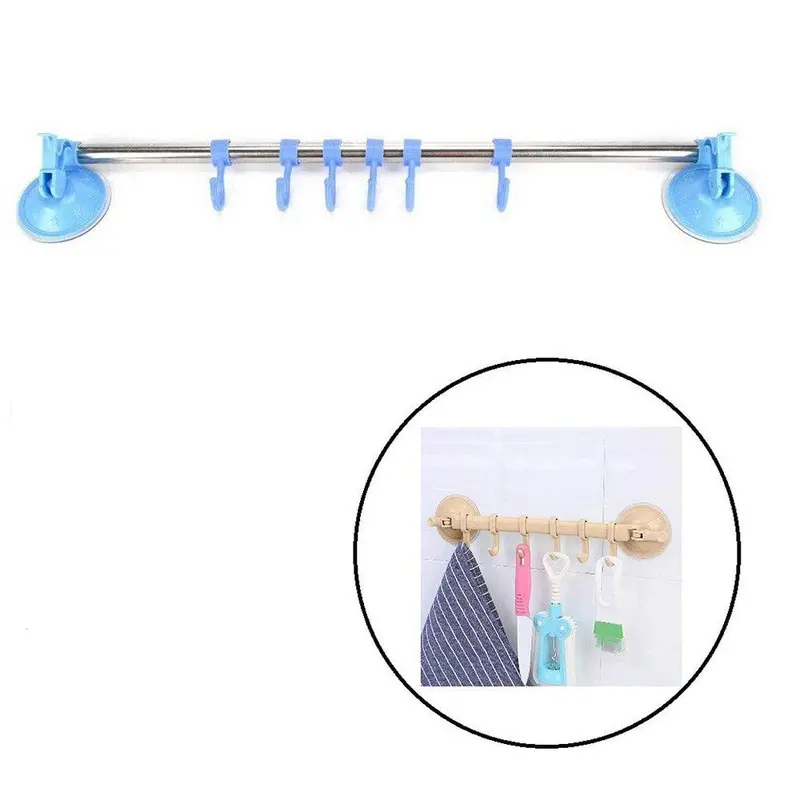Strong Wall Attachable 6 Hooks Multifunction Hanger with Suction CupBlue