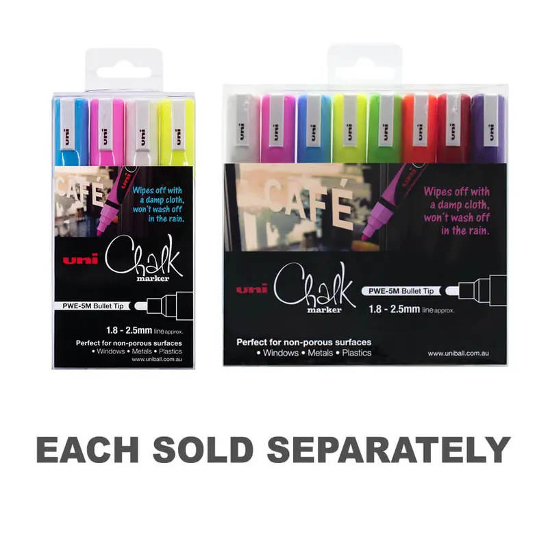 Uni Chalk Marker 1.8x2.5mm Bullet Tip Assorted4Pk