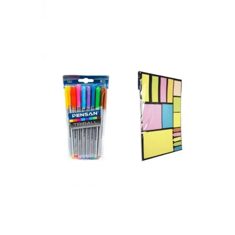 Pensan 1 Piece Triball 8 Color Ballpoint Pen   1 Piece Tgb Post-It Set